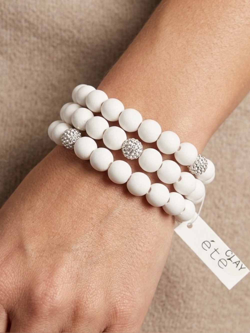 ETE NWT White clay Beaded Bracelet stack with Silver Accents